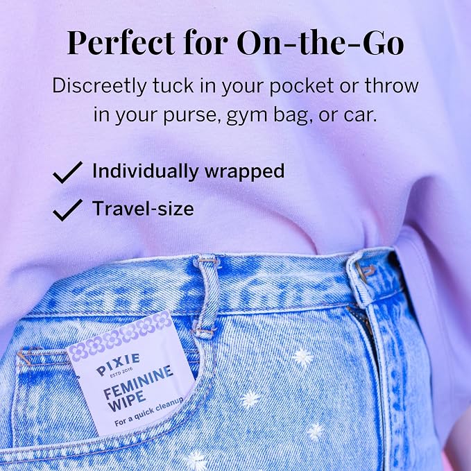 Pixie Feminine Wipes - Flushable, Biodegradable, & Ph Balanced - Individually Wrapped Packet Wipes for On The Go & Public Bathrooms - Wash & Cleaner For Your Menstrual Cups & Discs (3 Pack of 10)