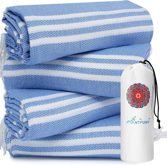 4 Pack Turkish Beach Towels Vacation Essentials with Bag Quick Dry Sand Free Soft Absorbent Adult Bath Pool Swim Long Wide Stripe Towel Cloud Linen Sandfree Mat Summer Thing Lightweight Travel Blue