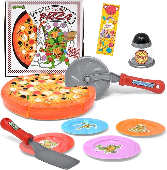 Pizza Party Play Food Toy Set for Kids Slice & Serve Plastic Pizza Pretend Box Pie Cutter Fake Condiments Play Foods & Bookmark for Children Toddlers