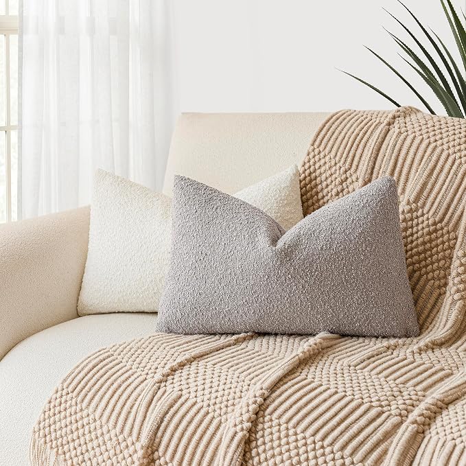 Foindtower Pack of 2 Textured Boucle Throw Pillow Covers Accent Solid Decorative Lumbar Pillow Cases Cozy Woven Couch Cushion Case for Sofa Bedroom Living Room Home Decor, 12 x 20 Inch,Neutral Grey