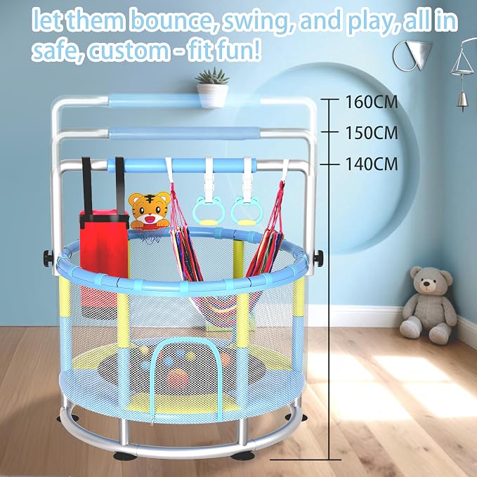 55" Kids Indoor Trampoline with Safety Net, Adjustable Gymnastics Bar & Toys – Indoor/Outdoor Toddler Play Gym for Boys & Girls Ages 3+, Birthday Gifts