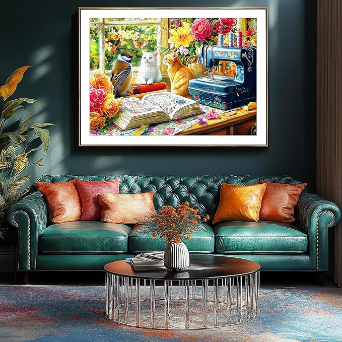 Blueforest 500 Piece Puzzle for Adults, Cozy Sewing Room Jigsaw Puzzle - Cats, Birds & Vintage Sewing Machine, 23x15 Inch Unique Shaped Pieces Art Puzzle, Hard Difficult Challenging Fun Puzzles