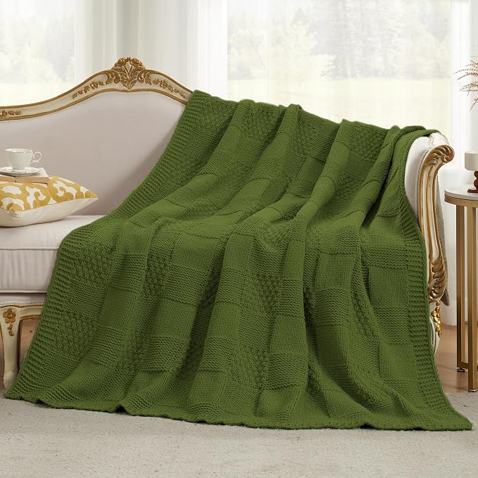 Knit Throw Blanket, Soft Chenille Cozy Breathable Checkered Chunky Decorative Blanket for Couch, Bed & Sofa, French-Inspired Lightweight Warm Gift for Women, Olive Green, 50"x60"