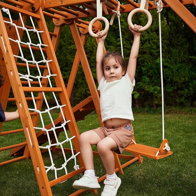 Avenlur 8-in-1 Small Indoor/Outdoor Playset – Foldable Wooden Kids Play Set for Backyard – Kid Playground for Toddlers Age 2–6 with Slide, Monkey Bars, 2 Ladders, 2 Swings, Rock Climbing, Gym Rings