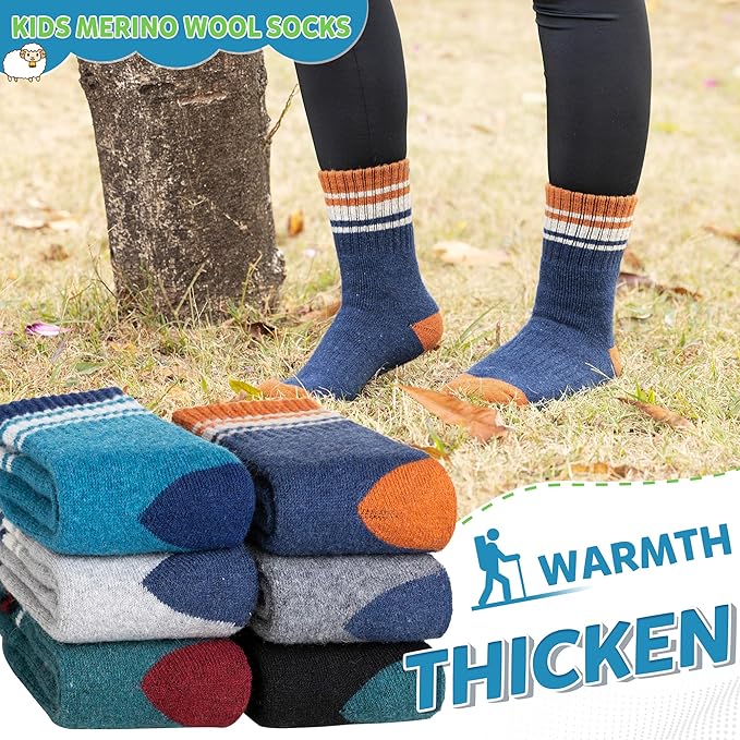 WEVIAS Kids Merino Wool Hiking Socks Boys Thermal Winter Cozy Boot Warm Cushion Socks 6 Pairs