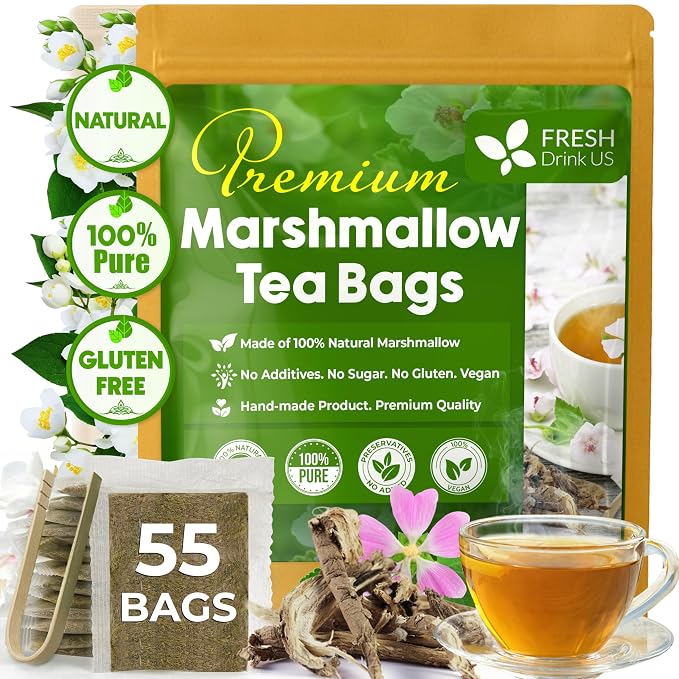 FreshDrinkUS, Premium 55 Marshmallow Root Tea Bags, 100% Natural & Pure from Marshmallow Root, Eco-Conscious Tea Bags, Herbal Tea. No Sugar, No Caffeine, No Gluten, Vegan.