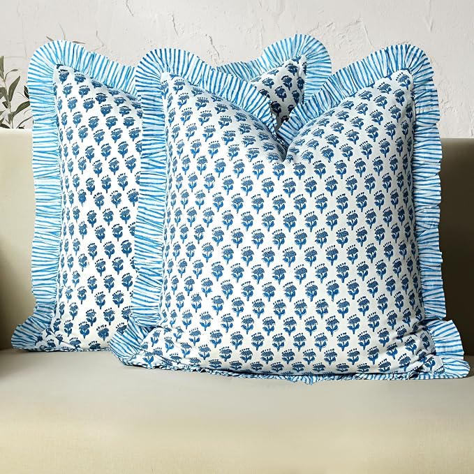 CPC Block Print Ruffle Throw Cover Apatite Blue 20"x20" Inch Pack of 2-100% Cotton Ruffle Couch Decorative Boho Pillows Case for Living Room, Bedroom, Sofa, Farmhouse Gift for Spring, Mother's Day