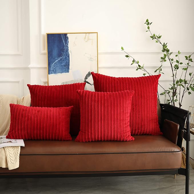 UGASA Pack of 2 Christmas Velvet Pillow Covers Striped, Soft Textured Throw Cushion Accent Corduroy Lumbar Hidden Zipper for Home Decor Indoor (12"x20", Burgundy)