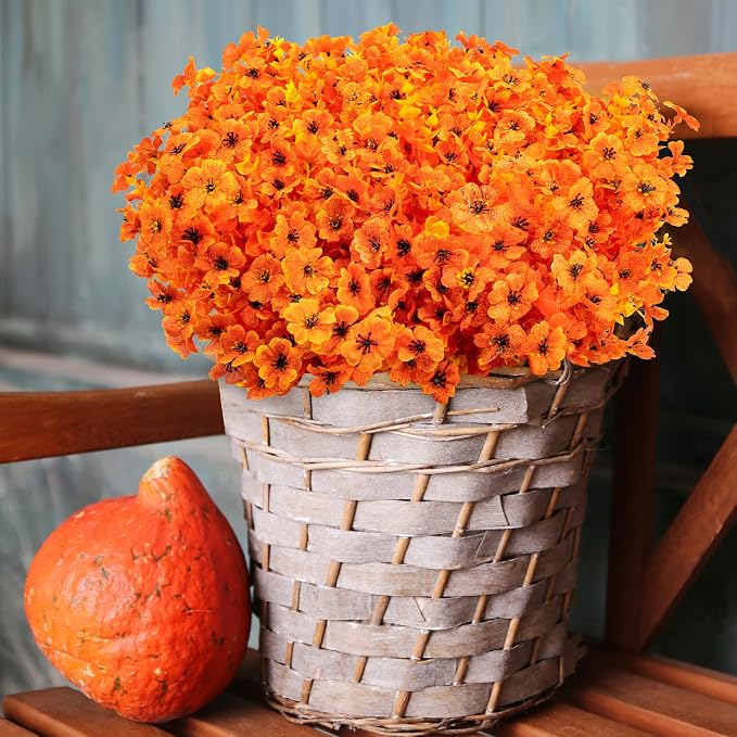 ColoPlay 18 Bundles Artificial Mums for Outdoors, Fake Flowers Fall Decor | Faux Mums for Outdoor Planters, Eucalyptus Leaves UV Resistant Fake Plants for Home Porch Box Wedding Farmhouse(Orange)