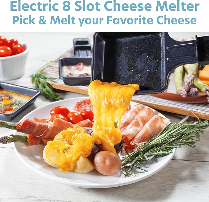 Electric Cheese Raclette Table Grill w Cooking Stone & Grilling Plate | Nonstick, Indoor Smokeless Korean BBQ 8 Person Tabletop Cooker Hotplate- Melt or Grill Meat, Veggies, Home Dinner Party, Apps