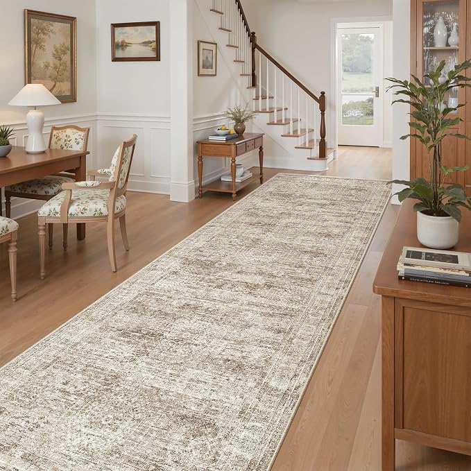 Soalmost Washable 3x10 Hallway Runner Rug Non-Slip Kitchen Entry Rugs Brown | Vintage Long Runners 10ft for Bathroom Laundry Room, Foldable Low-Pile Wide Floor Carpet Mat for Entryway Corridor Bedroom