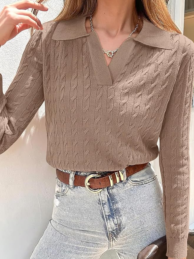 ANRABESS Womens Cable Knit Sweaters Long Sleeve V Neck | Pullover Collared Sweater Tops, Polo Knit Shirts, Business Casual Work, Tennis Golf, Fall Winter Fashion Outfits