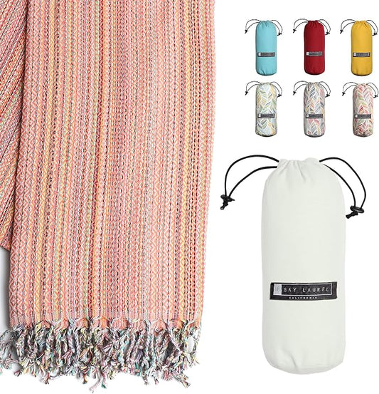 BAY LAUREL Turkish Beach Towel with Travel Bag 39 x 71 Quick Dry Sand Free Lightweight Large Oversized Towels Light