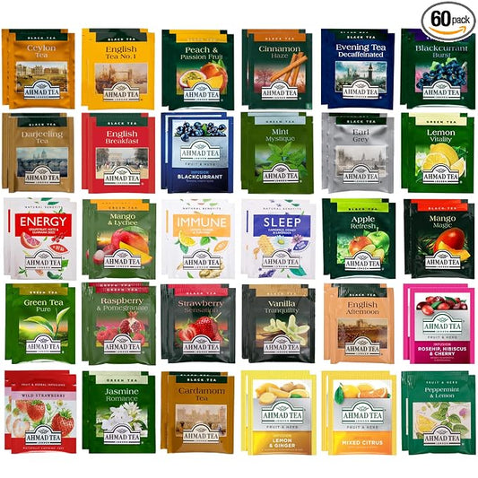 Ahmad Tea Bags Sampler Assortment Variety Pack in Bamboo Organizer (60 Count) 30 Flavors of Tea (2 Packs of Each Tea Type)