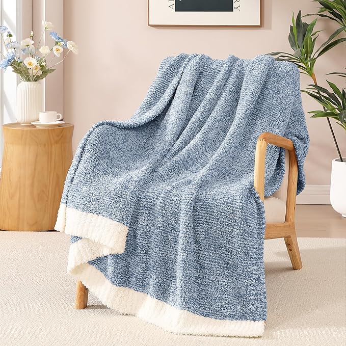 Soft Twin Blanket for Bed-Cozy Warm Reversible Knitted Blankets | Lightweight Fluffy Decor for Women, Mom, Her & Girls, Sofa, Chair, Couch, 60x80in, Cationic Dyeing Blue