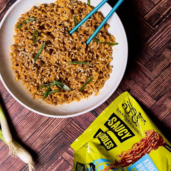 Snapdragon Saucy Instant Noodles with Korean BBQ Slurpable Sauce - Quick Meal, Snack, and Lunch. 12-Pack Microwave Noodles for Cup, Bowl, Ramen or Asian Stir Fry