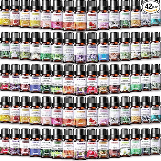 42 Pcs Essential Oil Set for Diffuser 10ml Sweet Orange Lavender Lemongrass Peppermint Eucalyptus Rose Each Fragrance Oil for Candle Making, Soap Making, Aromatherapy, Humidifiers (Classic)
