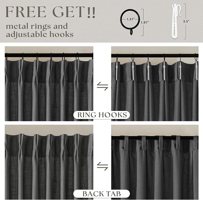 Charcoal Gray Linen Pinch Pleat Semi Sheer 120 Inch Curtains 2 Panels Set | Extra Long Window Curtains for Living Room Bedroom, Double Pleated with Back Tab, Farmhouse Neutral, Memory Shape Trained