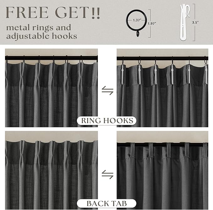 Charcoal Gray Linen Pinch Pleat Semi Sheer 108 Inch Curtains 2 Panels Set | Ceiling Floor Window Curtains for Living Room Bedroom, Flax Double Pleated with Back Tab, Farmhouse Neutral, Memory Shape