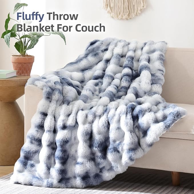 Faux Fur Throw for Couch - Tie-dye Blue Bubble Blanket 60"x80" | Fluffy Plush Fuzzy Throw for Sofa & Bed, Super Soft Cozy Comfrt Blanket, Luxury Aesthetic Blue Decor Gift for Women