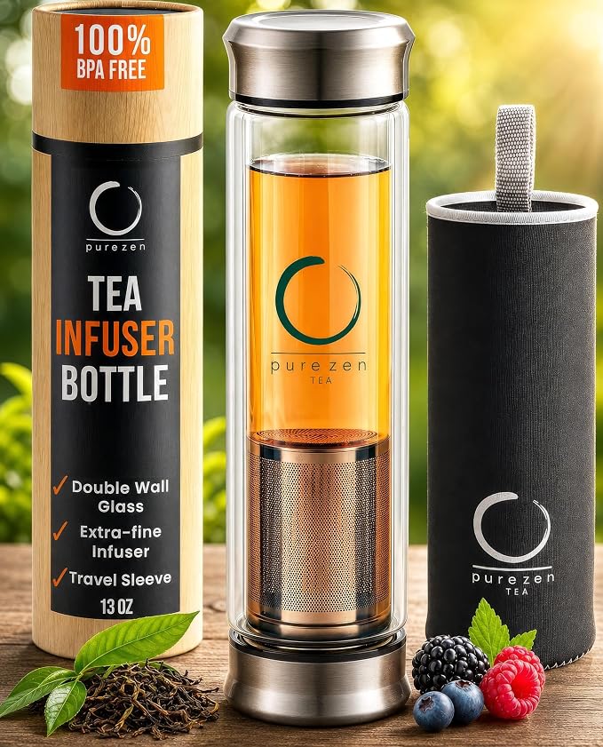 Pure Zen Tea Infuser Bottle - Double Wall Glass Travel Mug with Stainless Steel Filter - Leakproof Tea Tumbler with Infuser for Loose Leaf Infusions and Fruit Infused Water - Unique Gift Set - 13 oz