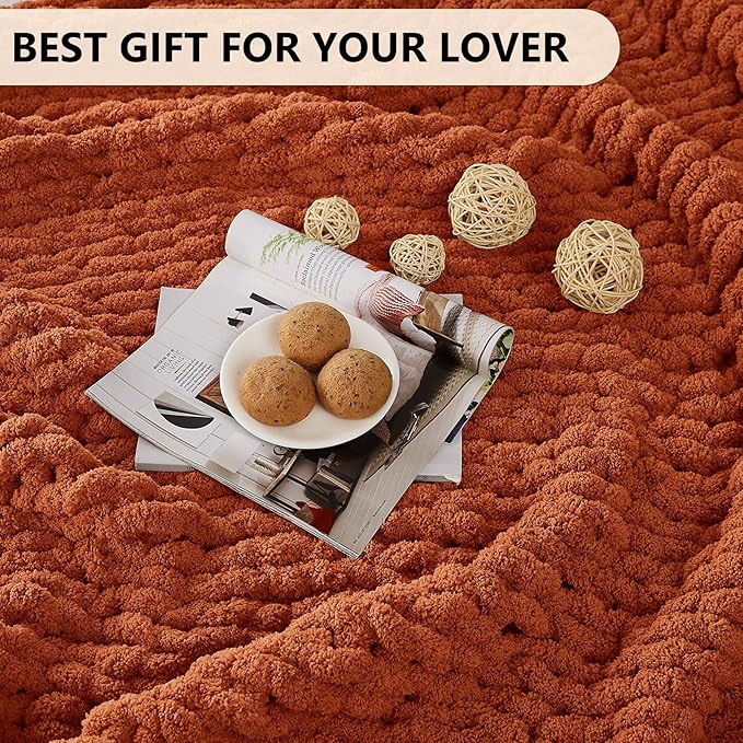 L'AGRATY Chunky Knit Throw Blanket for Couch, 80 x 90 Inches, Rusty Orange | Handmade Chenille Crochet Blanket for Sofa Bed, Thick Cable Knitted Blankets for Room Home Decor, Birthday Gift for Women Mom