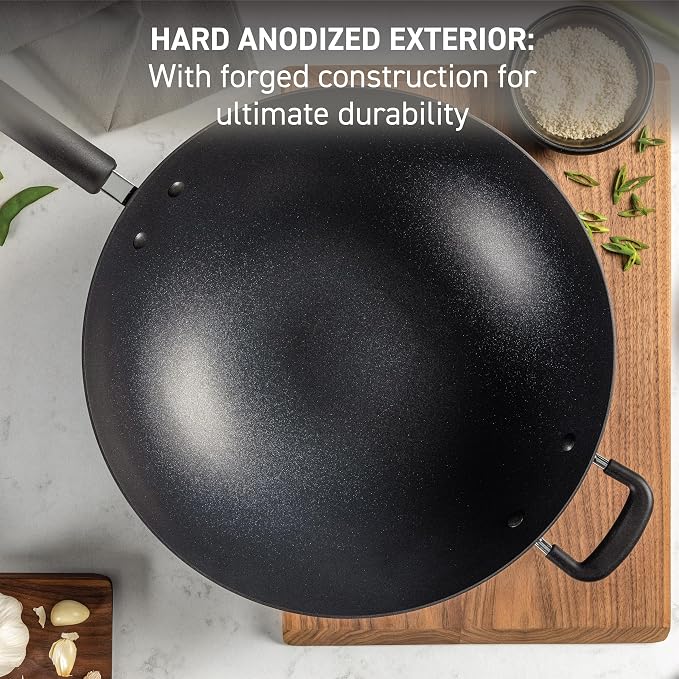 T-Fal Ultimate Hard Anodized Nonstick Wok 14 Inch, Oven Broiler Safe 350F, Non Stick Stir-Fry Pan, Cookware, Pots and Pans, Kitchen, Versatile Deep Frying, Sauté, Braise, Stew, Dishwasher Safe, Onyx