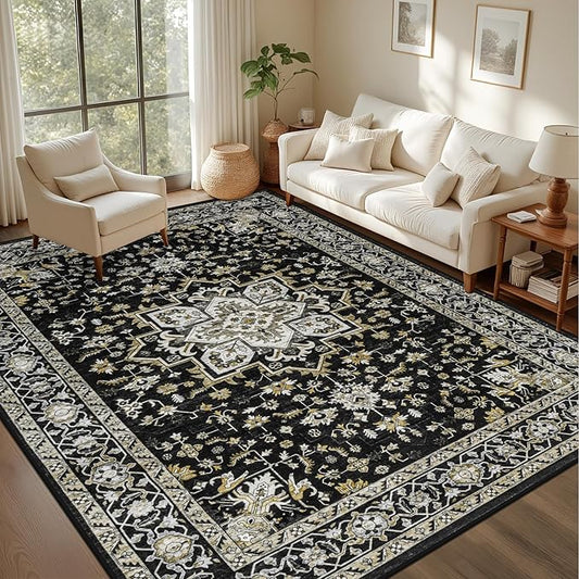 6x9 Area Rugs Living Room Rug: Washable Vintage Boho Medallion Rug No Slip Stain Resistant Soft Carpet Indoor Large Carpets for Bedroom Dining Room Farmhouse Nursery Hallway Home Office Black Gold