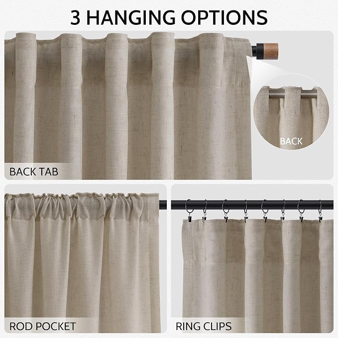 Nanspring Living Room Curtains 72 Inch Length Linen Blend Cobblestone Light Filtering Semi Sheer Curtain Back Tab and Rod Pocket Modern Farmhouse Decor Elegant Drapes for Bedroom 52x72, 2 Panels