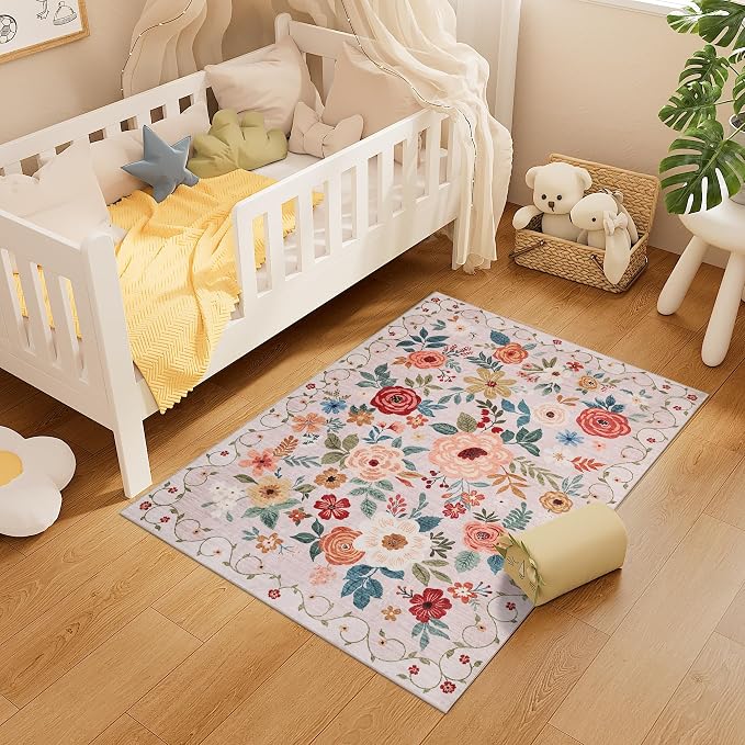 DUKINO 3x4 Area Rug, Floral Washable Rug for Kitchen Non Slip, Beige | Low Pile, Soft, Stain Resistant Indoor Rug for Entryway, Bedroom, Bathroom, Laundry, Pet Friendly, Home Decor, Lightweight