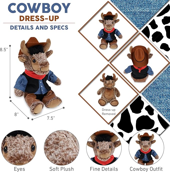 DolliBu Sitting Buffalo Stuffed Animal Cowboy Plush with Name Personalization - Western-Themed Buffalo Plush with Cute Cowboy Costume Denim Shirt Vest, Bandana, Leather Pants, and Hat - 8.5 Inches