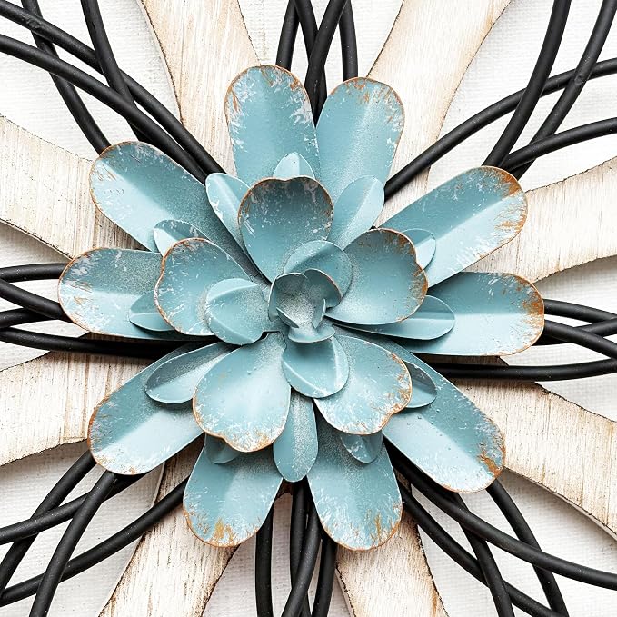 Remenna Metal Flowers Wall Decor, Metal Rustic Wall Art Decoration Farmhouse Wall Decorations Multiple Floral Hanging Decor for Bathroom Living Room Home Office Garden Kitchen (white & blue)