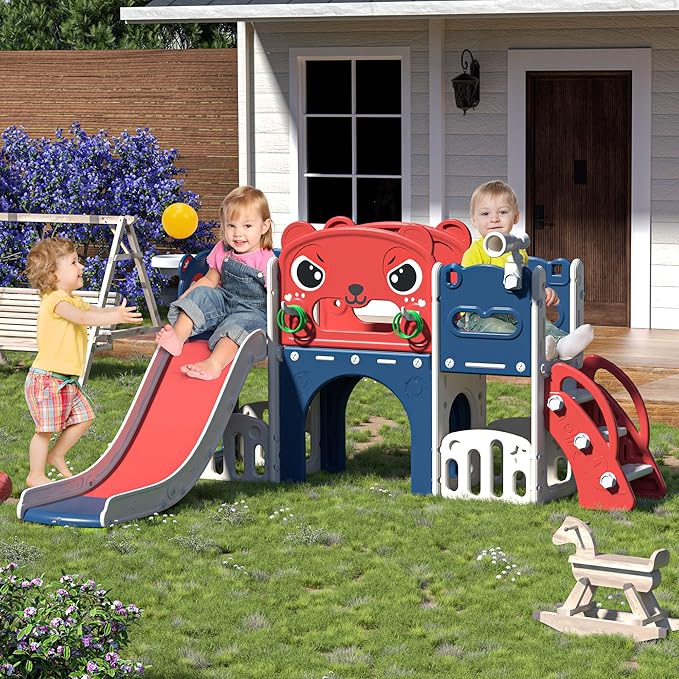 NYEEKOY 9-in-1 Toddler Slide and Climber Playset Freestanding Indoor Outdoor Kids Slide for Age 1-8, Backyard Playground with Basketball Hoop,Telescope,Storage Space