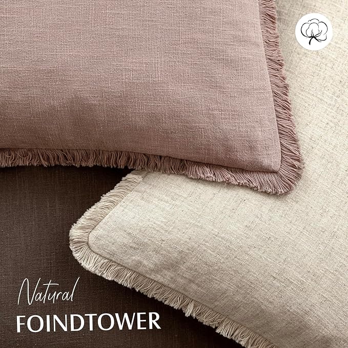 Foindtower Set of 2 Decorative Linen Fringe Throw Pillow Covers Boho Farmhouse Cushion Cover with Tassels Soft Accent Pillowcase for Couch Sofa Bed Living Room Home Decor,20×20 Inch,Dusty Pink