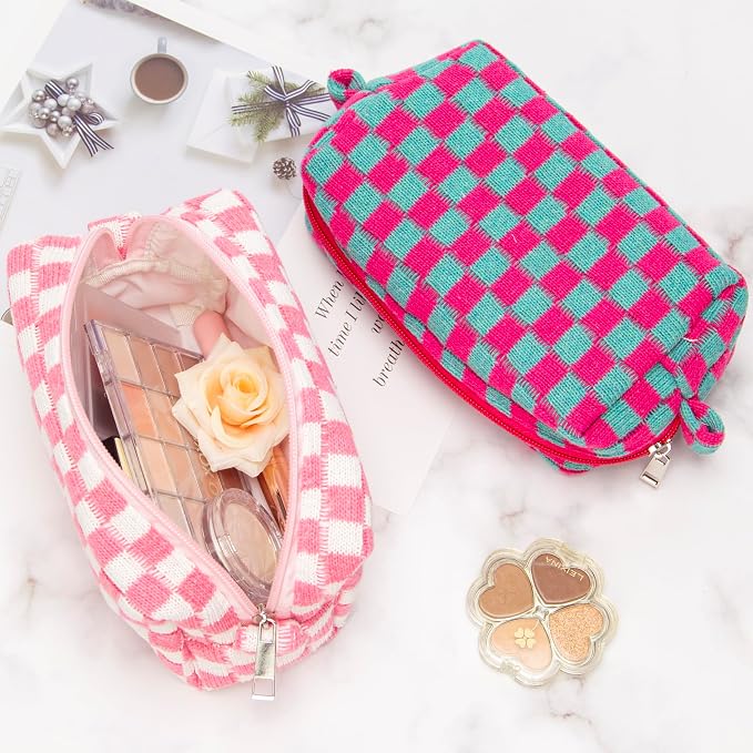 PAZIMIIK Checkered Makeup Bag for Purse Portable Zipper Make Up Pouch Small Cosmetic Case for Travel Accessories Magenta Green