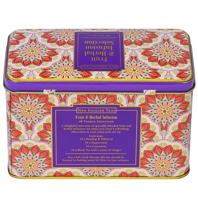 New English Teas Fruit & Herbal Tea Selection Gift Set – 40 Individually Wrapped Caffeine-Free Tea Bags in Decorative Floral Tin – Variety Pack including Peppermint, Berry, & Camomile