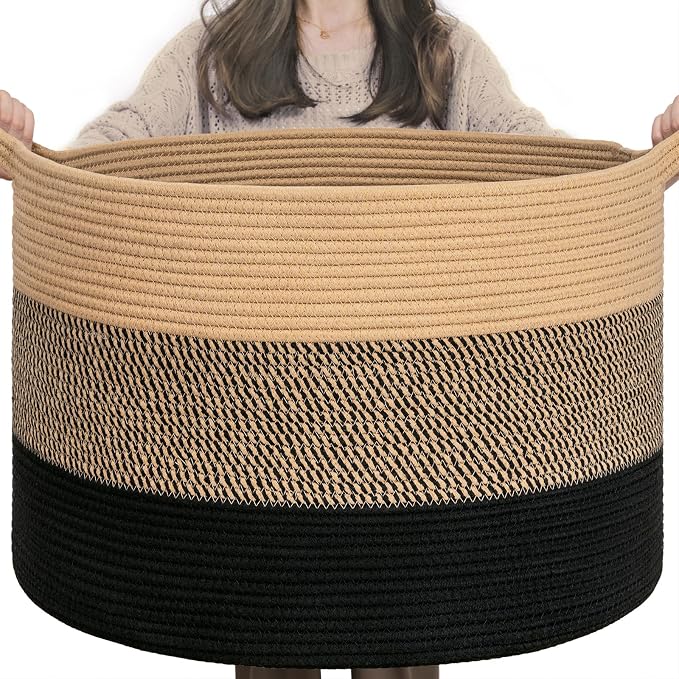 INDRESSME XXXLarge Woven Rope Blanket Basket Living Room, 90L | 21.7" x 13.8" Storage baskets for toys laundry & pillows. Fits living room, bedroom or nursery décor. Soft-touch with handles