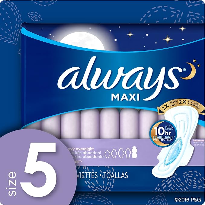 Always Maxi, Size 5, Extra Heavy Overnight Pads With Wings, Unscented, 20 Count
