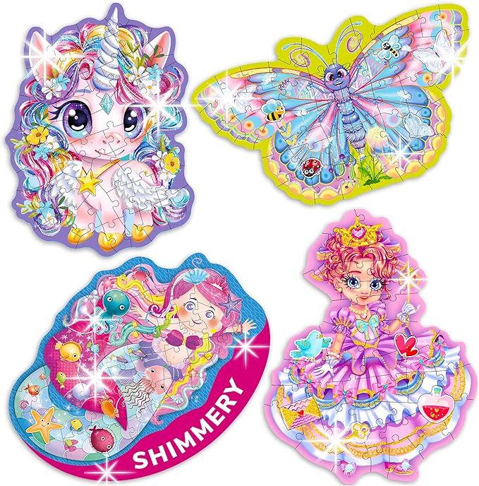 QUOKKA Shimmery Puzzles for Kids Ages 4-6 – 48 Piece Shaped Jigsaw Puzzles for Toddlers 3-5 – 4-Pack Princess, Mermaid, Butterfly & Unicorn Children's Game Ages 4-8 – Unique Gift Toy for Preschoolers