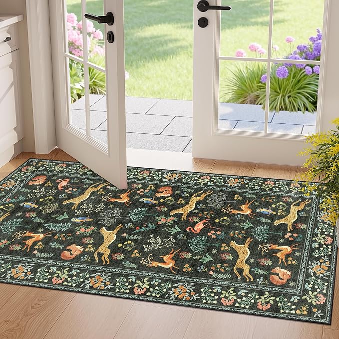 DUKINO 2x4 Rug for Entryway, Animal Washable Runner Rug for Kitchen, Black | Non Slip, Low Pile, Stain Resistant Thin Indoor Carpet for Hallway, Bedroom, Bathroom, Laundry, Pet Friendly, Non-Shedding