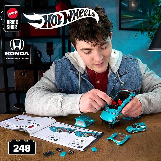 Mattel Brick Shop Hot Wheels 1990 Honda Civic EF Speed Series Custom Building Set with 248 Pieces, Realistic Details and Customization Stickers, JHF62