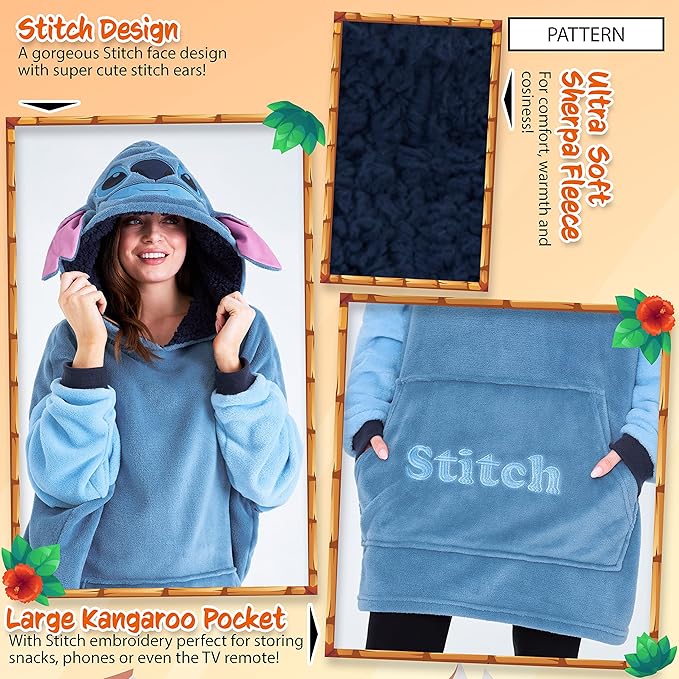 Disney Fleece Hoodie for Adults and Teenagers Oversized Hooded Poncho One Size - Stitch Gifts
