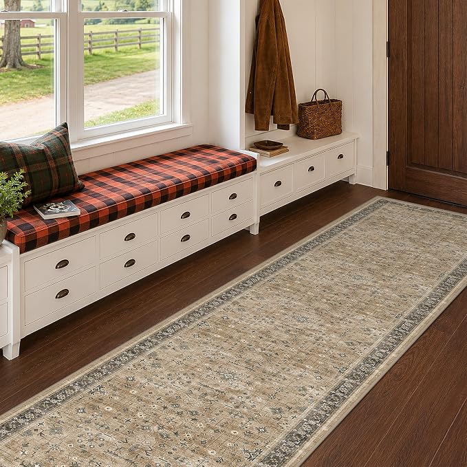 Natural Taupe 2x8 Runner Rug for Hallway, Long Runner Rug for Kitchen, Entryway Indoor Runner for Bathroom, Non-Slip Low-Pile Washable Stain Resistant, Vintage Natural Earthy Décor