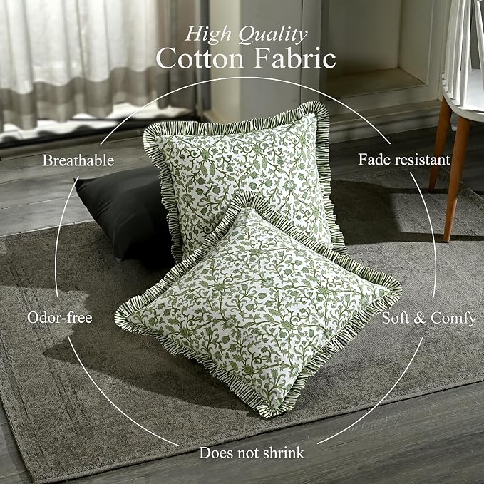 CPC Meadow Vine Hand Block Print 100% Cotton Ruffle Throw Pillow Cover 20x20 inch with Hidden Zipper Decorative for Couch, Bed, Sofa, Farmhouse, Cottagecore Decor Gift Christmas Fall Thanksgiving
