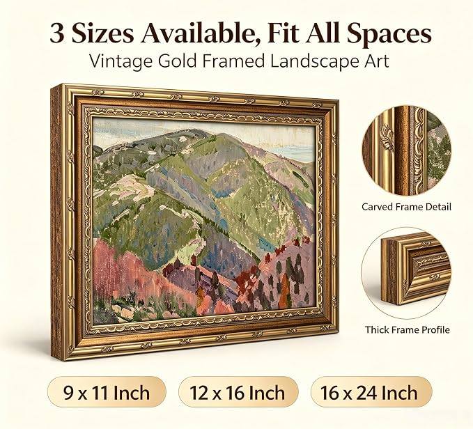 Vintage Gold Framed Canvas Wall Art Abstract Mountain Landscape Painting Picture Wall Decor Retro Nature Pastel Hills Poster Print Artwork for Living room Bedroom Home Decoration