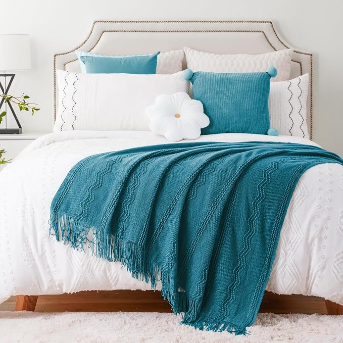 BATTILO HOME Teal Blue Throw Blanket for Couch, 50"x60" | Decorative Teal Throw for Sofa Bed Room, Boho Throw Blanket for Home Decor