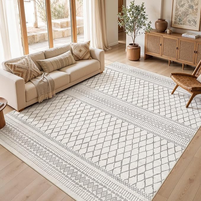cotiled 8x10 Area Rugs Living Room Rug: Washable Boho Rugs with Non Slip Backing Large Soft Indoor Stain Resistant Carpet for Bedroom Farmhouse Dining Room Lightweight Home Decor Beige/Gray