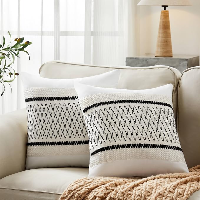 2pk Boho Pillow Covers 20x20, Natural White/Grid/Black | 100% Organic Cotton Body, Stripe Embroidery, Farmhouse Decorative Cushion Covers for Sofa Bed Living Room Home Decor
