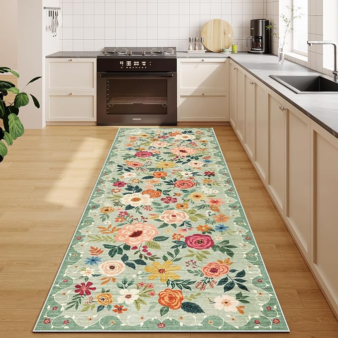 DUKINO 2x10 Runner Rug, Floral Washable Kitchen Runner Rug Non Slip, Green | Soft, Low Pile, Stain Resistant Indoor Rug Runner for Hallway, Entryway, Bedroom, Bathroom, Laundry, Pet Friendly, Home Decor
