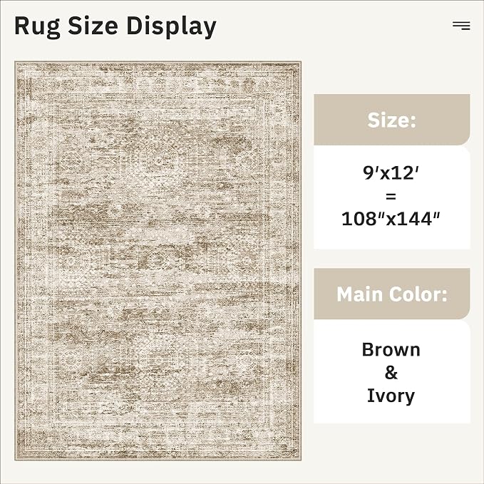 Soalmost 9x12 Area Rugs for Living Room Washable Rug Non-Slip Brown | Large Vintage Stain Resistant Carpet for Dining Bedroom, Low Pile Lightweight Foldable Floor Mat Nursery Home Office Decor